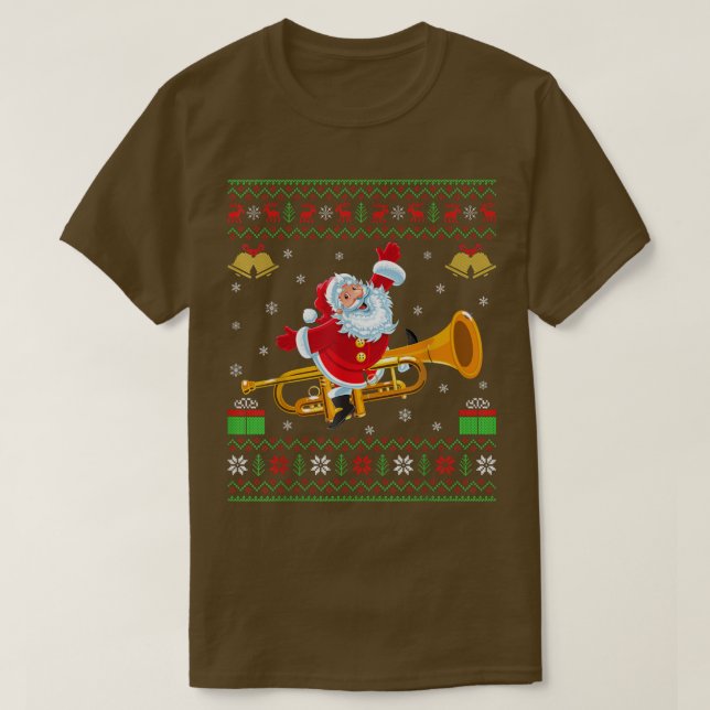 Trumpet Music Lover Ugly Santa Riding Trumpet Chri T-Shirt (Design Front)