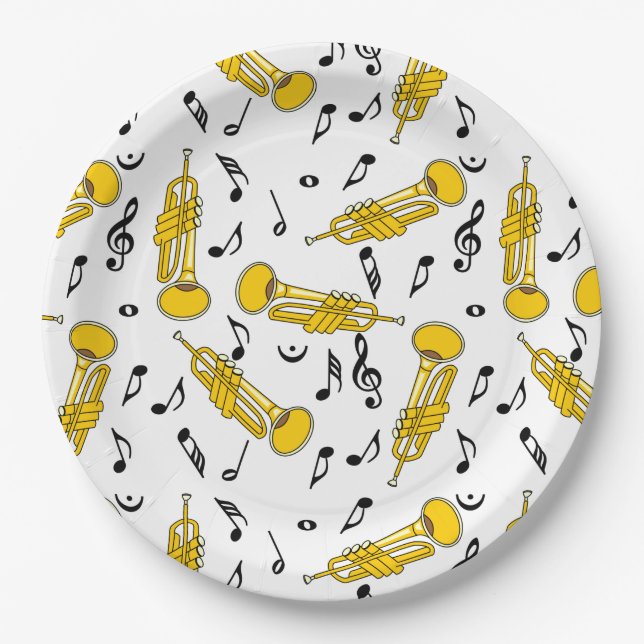 Trumpet Music Notes Pattern Paper Plates (Front)