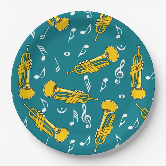 Trumpet Music Notes Pattern Paper Plates (Front)