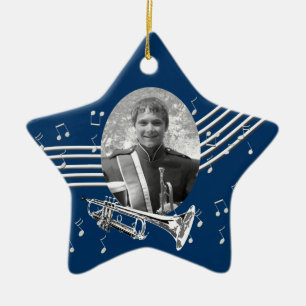 Trumpet Music Star Blue Ceramic Ornament