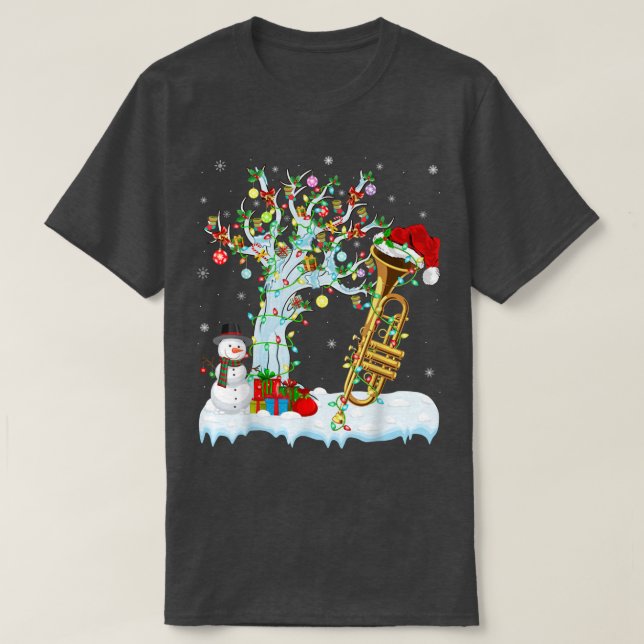 Trumpet Music Xmas Tree Lighting Santa Hat Trumpet T-Shirt (Design Front)
