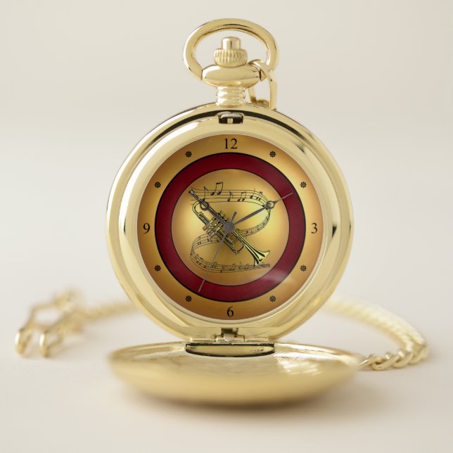 Trumpet ~ Musical Scroll ~ Gold/Maroon/Black Back Pocket Watch (Inside)