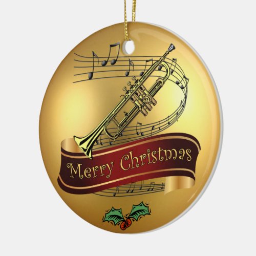 Trumpet  Musical Scroll  Gold Merry Christmas  Ceramic Ornament
