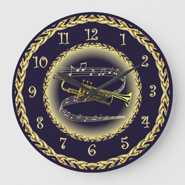 Trumpet ~ Musical Scroll ~ Gold/Navy Blue ~   Large Clock (Front)