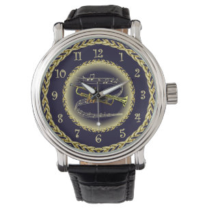 Trumpet ~ Musical Scroll ~ Gold/Navy Blue ~  Watch