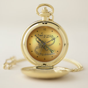 Trumpet~Musical Scroll~Golden Globe Background~ Pocket Watch