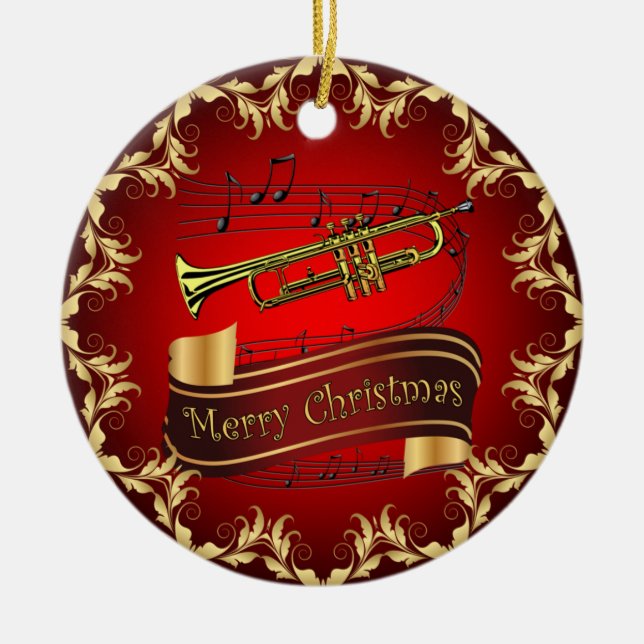 Trumpet ~ Musical Scroll ~ Merry Christmas ~ * ~  Ceramic Ornament (Front)