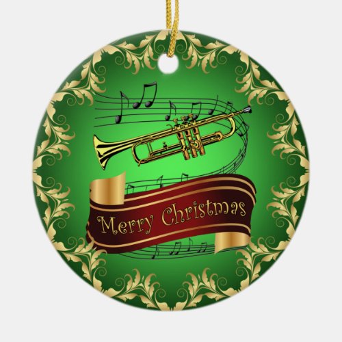 Trumpet  Musical Scroll  Merry Christmas     Ceramic Ornament