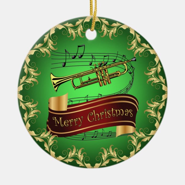 Trumpet ~ Musical Scroll ~ Merry Christmas ~ * ~  Ceramic Ornament (Front)