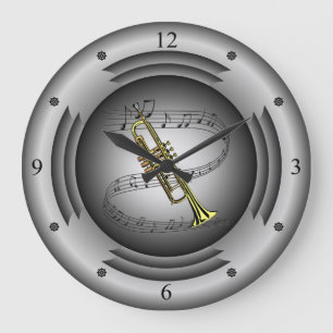 Trumpet ~ Musical Scroll ~ Silver Speaker ~ Large Clock