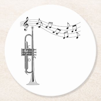 Trumpet Musician With Music Notes Round Paper Coaster by packratgraphics at Zazzle