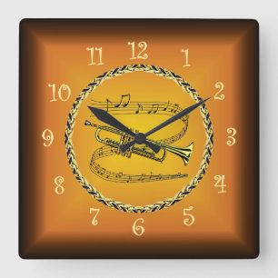 Trumpet On Musical Scroll Russet Orange Timepiece Square Wall Clock