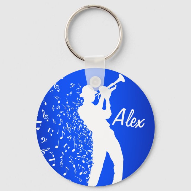 Trumpet Player| Blue & White Soaring Music Notes Keychain (Front)