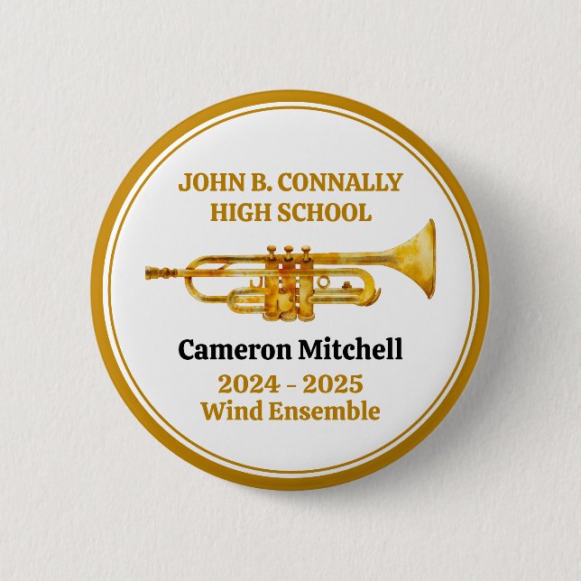 Trumpet Player High School Band Gold Personalized Button (Front)