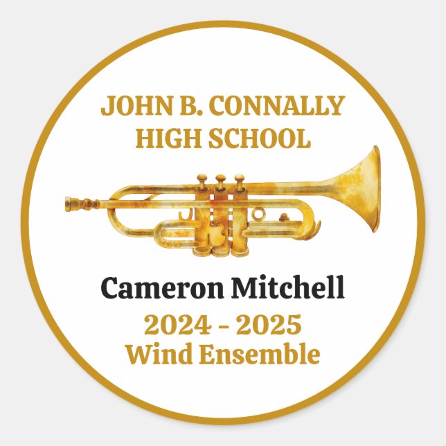 Trumpet Player High School Band Gold Personalized Classic Round Sticker (Front)
