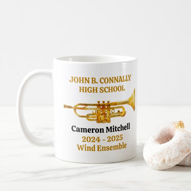 Trumpet Player High School Band Gold Personalized Coffee Mug (With Donut)