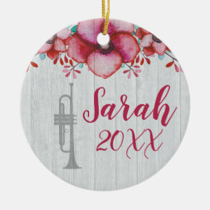 Trumpet Player Music Gift Floral Personalized Ceramic Ornament