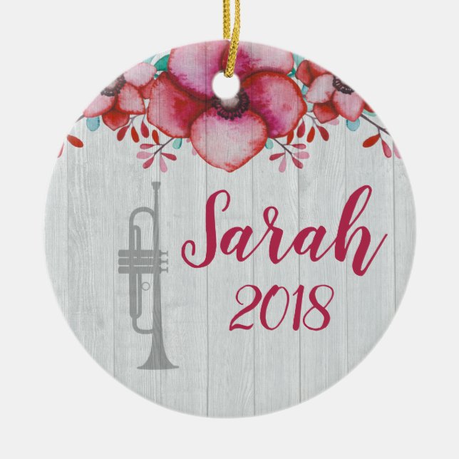 Trumpet Player Music Gift Floral Personalized Ceramic Ornament (Front)