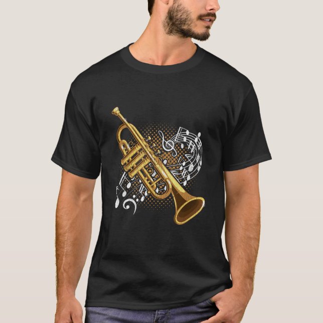 Trumpet Player Musical Notes Jazz Music Art T-Shirt (Front)