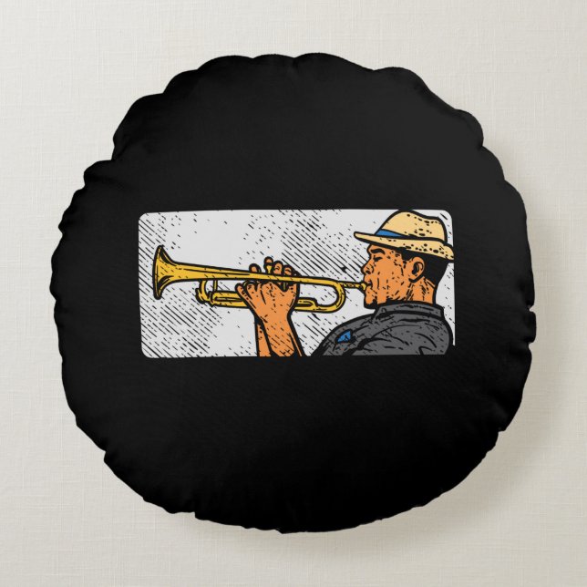 Trumpet Player Retro Trumpet Jazz Music Round Pillow (Front)