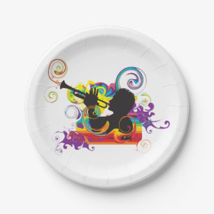 Trumpet Player Silhouette Retro Psychedelic Music Paper Plates