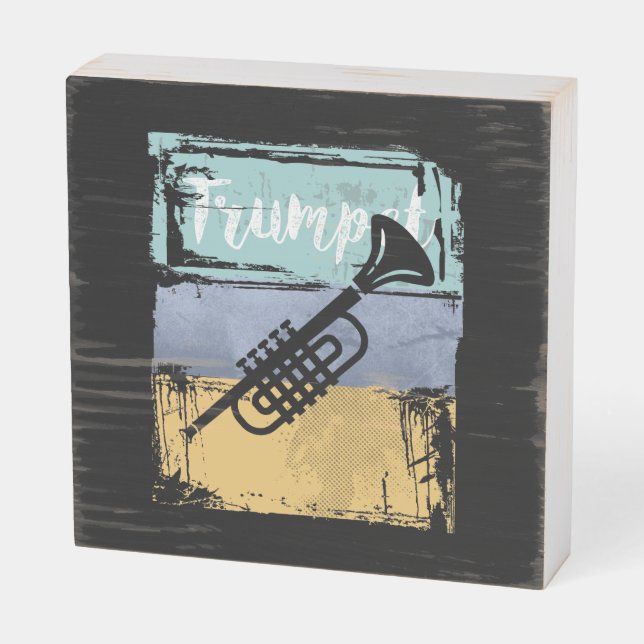Trumpet Retro Style Music Wooden Box Sign (Angled Horizontal)
