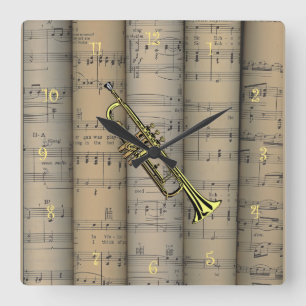Trumpet ~ Rolled Sheet Music Background ~ Musical Square Wall Clock
