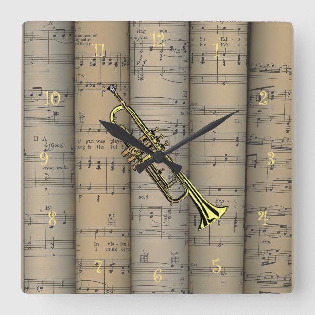 Trumpet ~ Rolled Sheet Music Background ~ Musical Square Wall Clock (Front)
