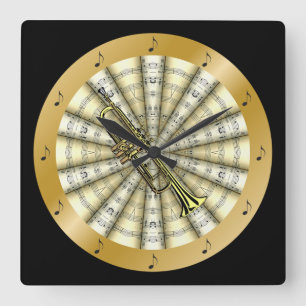 Trumpet ~Rolled Sheet Music ~Black or Any Color ~ Square Wall Clock