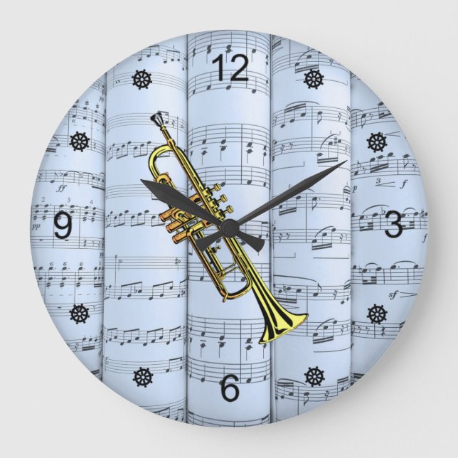 Trumpet~Rolled Sheet Music~Blue Tint Background ~  Large Clock (Front)