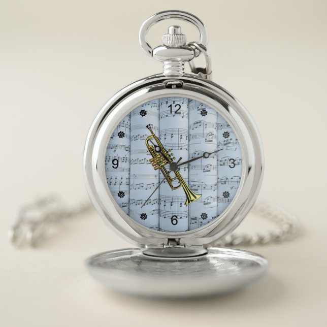 Trumpet~Rolled Sheet Music~Blue Tint Background ~  Pocket Watch (Inside)