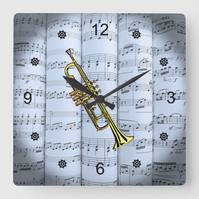 Trumpet~Rolled Sheet Music~Blue Tint Background ~  Square Wall Clock (Front)
