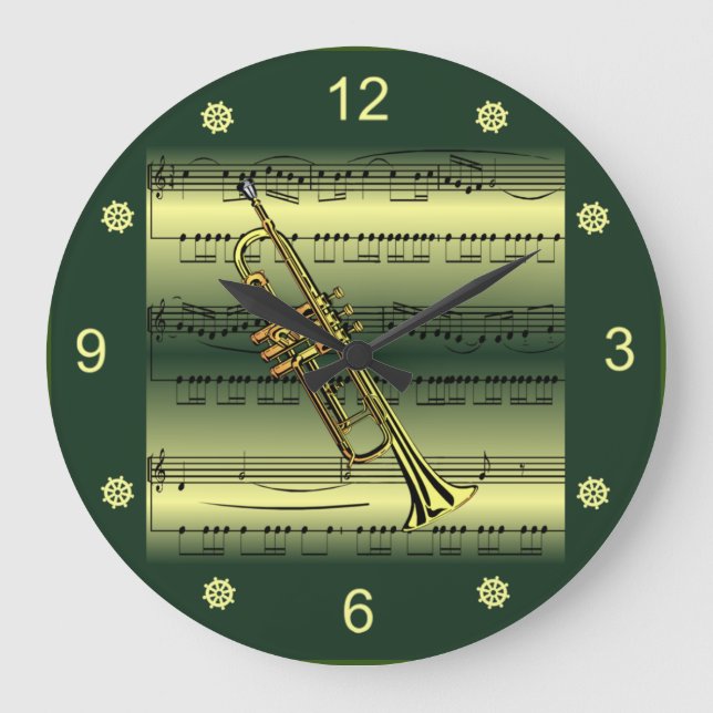 Trumpet~Rolled Sheet Music~Gold/Green Background~ Large Clock (Front)