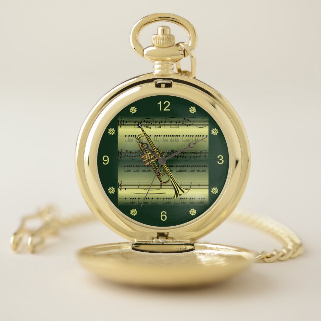 Trumpet~Rolled Sheet Music~Gold/Green Background~  Pocket Watch (Inside)