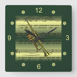 Trumpet~Rolled Sheet Music~Gold/Green Background~ Square Wall Clock