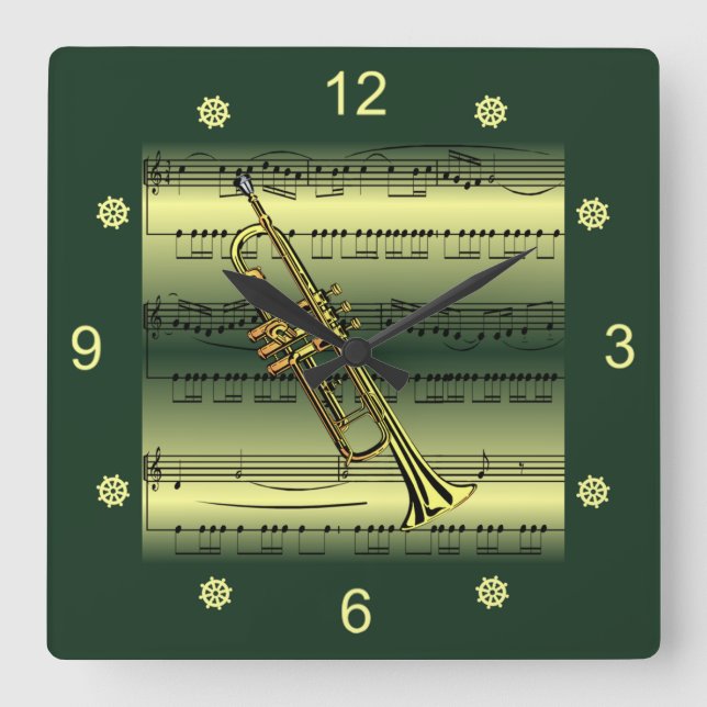 Trumpet~Rolled Sheet Music~Gold/Green Background~  Square Wall Clock (Front)