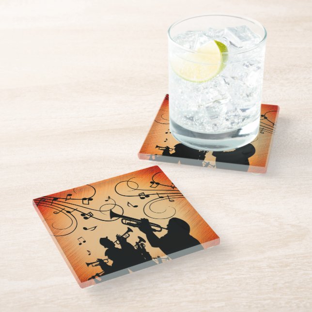 Trumpet Section Jazz Music Orange Rust Glass Coaster (Angled)