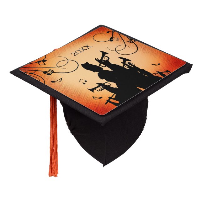 Trumpet Section Jazz Music Orange Rust Graduation Cap Topper (Angled)