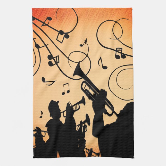 Trumpet Section Jazz Music Orange Rust Kitchen Towel (Vertical)