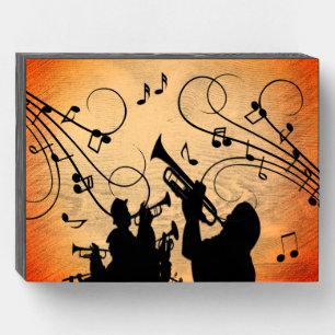 Trumpet Section Jazz Music Orange Rust Wooden Box Sign