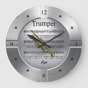 Trumpet ~ Sheet Music ~ Brushed Silver Color ~ Large Clock