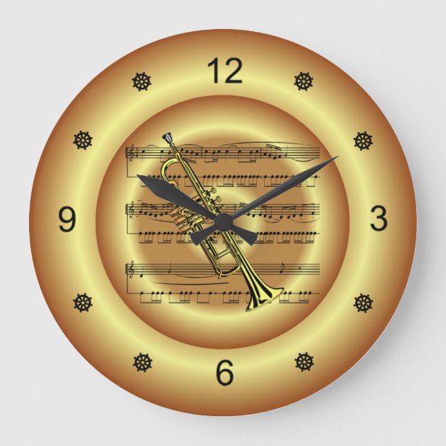 Trumpet ~ Sheet Music ~ Gold Background ~ Large Clock (Front)