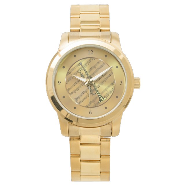 Trumpet ~ Sheet Music ~ Gold Background ~ Unique ~ Watch (Front)