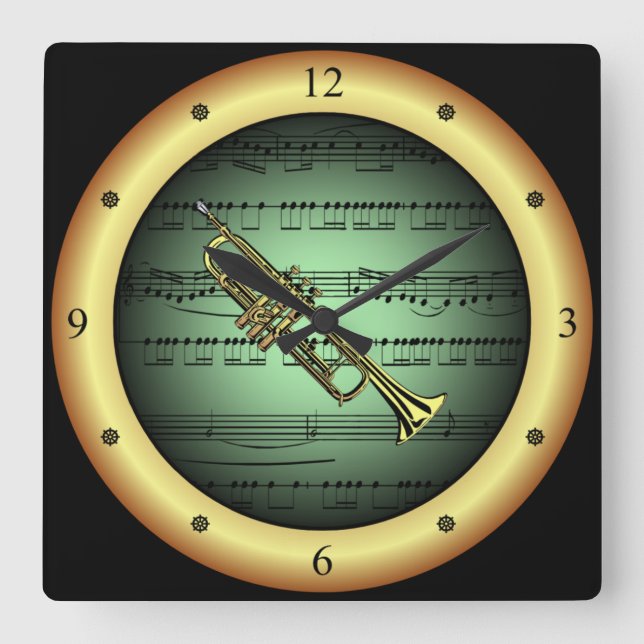 Trumpet ~ Sheet Music ~ Green/Gold Background ~   Square Wall Clock (Front)