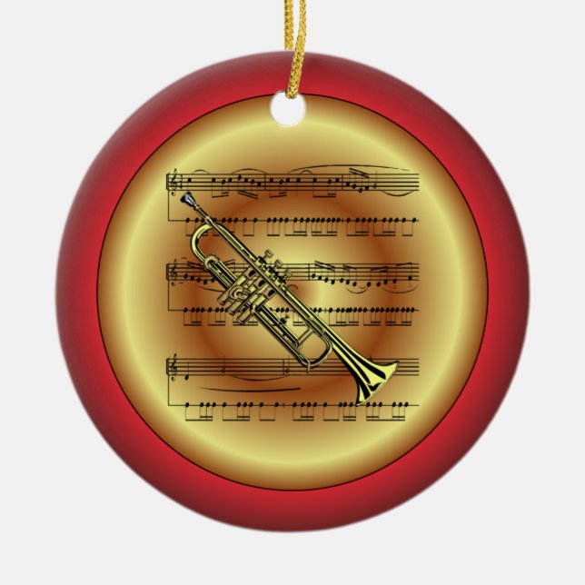 Trumpet ~ Sheet Music ~ Red/Green/Gold ~ Christmas Ceramic Ornament (Front)