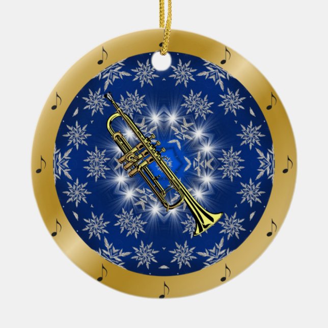 Trumpet ~ Silver ~ Blue ~ Gold ~ Christmas ~ Ceramic Ornament (Front)