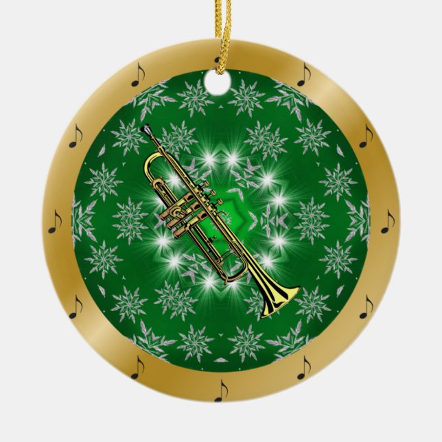 Trumpet ~ Silver ~ Green ~ Gold ~ Christmas ~ Ceramic Ornament (Front)