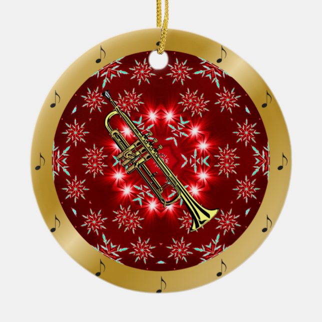 Trumpet ~ Silver ~ Red~ Gold ~ Christmas ~ Ceramic Ornament (Front)