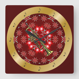 Trumpet ~ Silver ~ Red ~ Gold ~ Christmas ~ Square Wall Clock