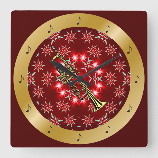 Trumpet ~ Silver ~ Red ~ Gold ~ Christmas ~ Square Wall Clock (Front)